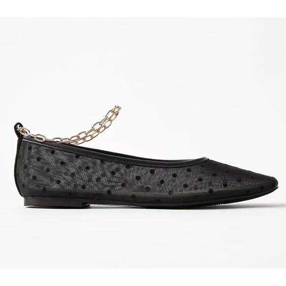 LOFT Shoes - LOFT Black Dotted Mesh Ballet Flats Gold Chain Ankle Strap Women’s 11M